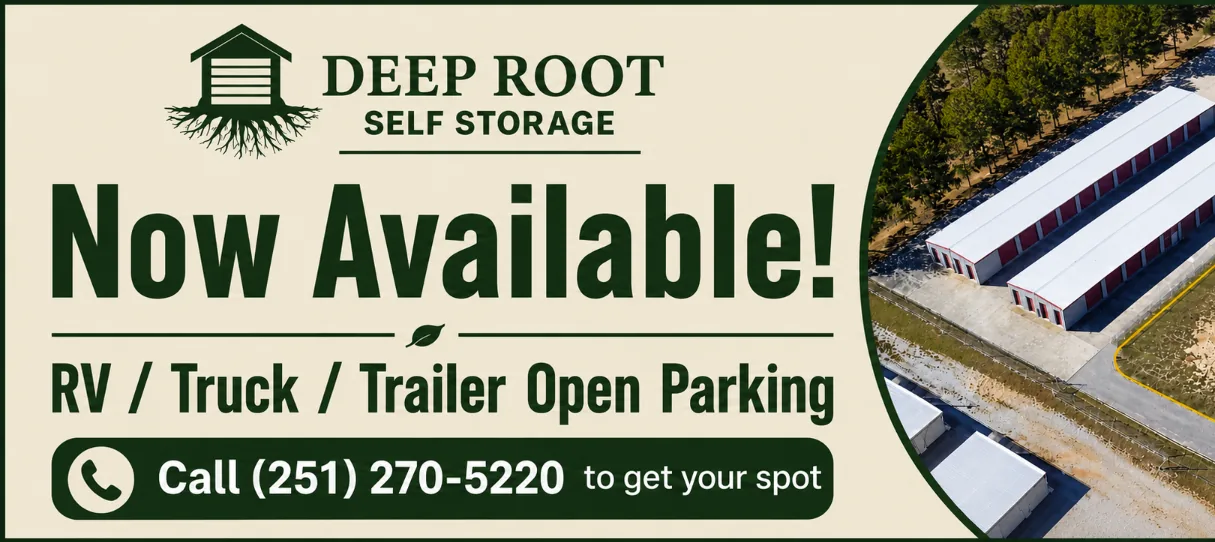 RV, truck and trailer open parking now available at Deep Root Self Storage in Troy, AL — call (251) 270-5220
